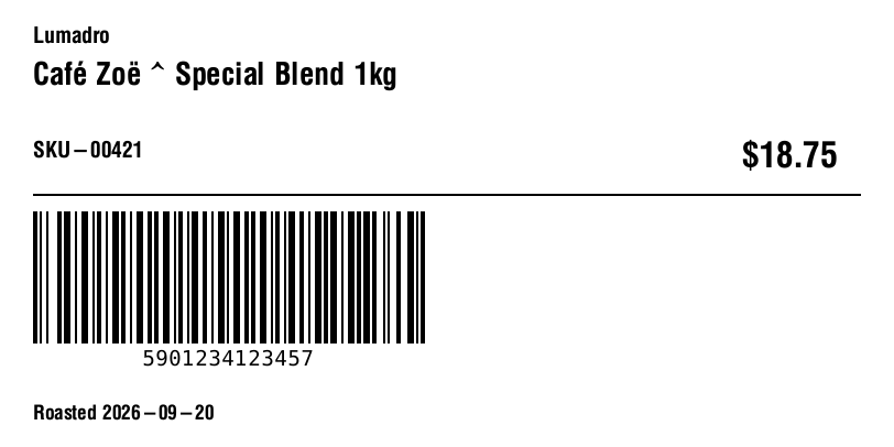 A 100 by 50 millimetre product label with company name, product name, SKU, price and a Code 128 barcode
