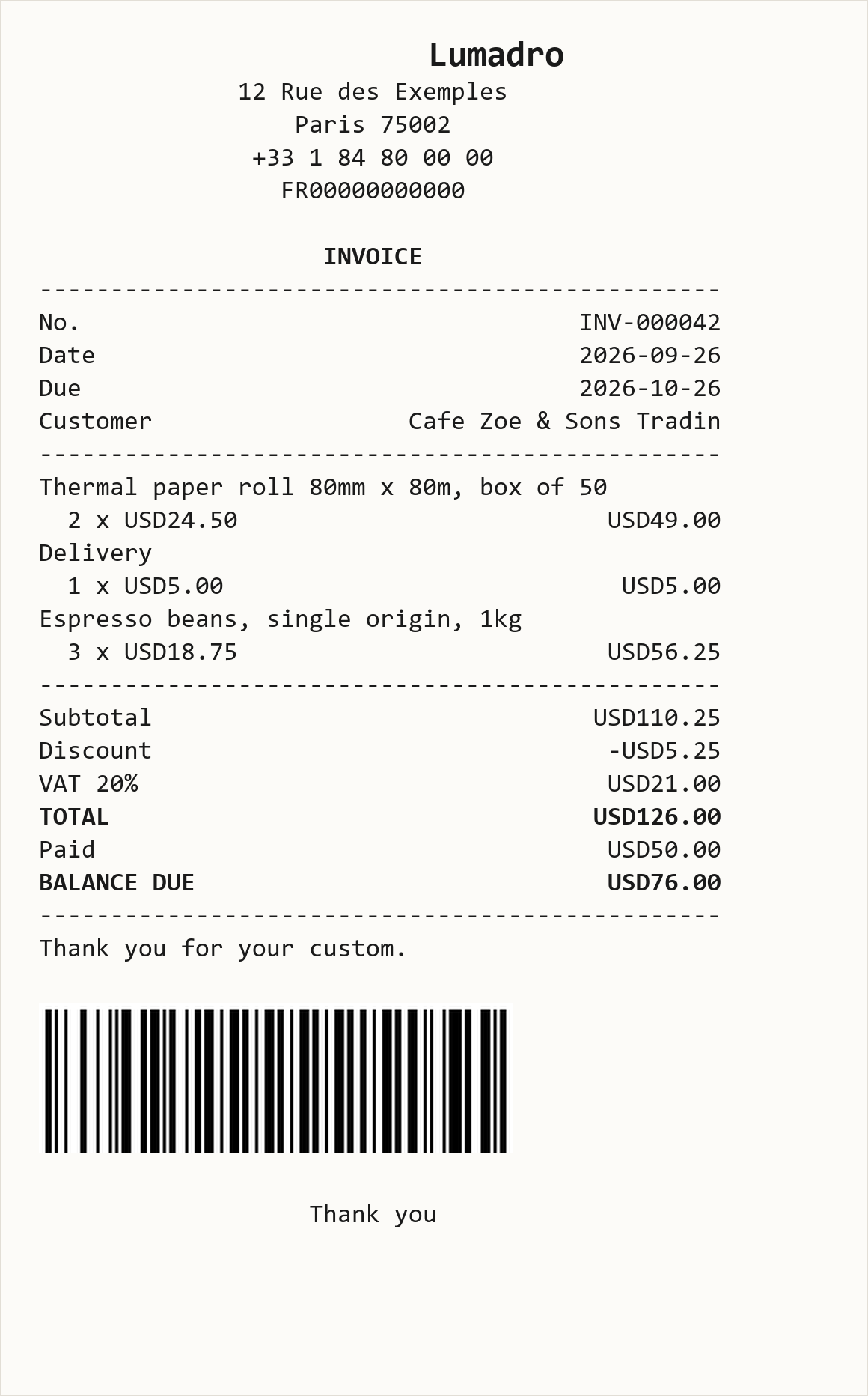 An 80mm thermal receipt showing company details, invoice lines, totals aligned right, a balance due and a scannable barcode